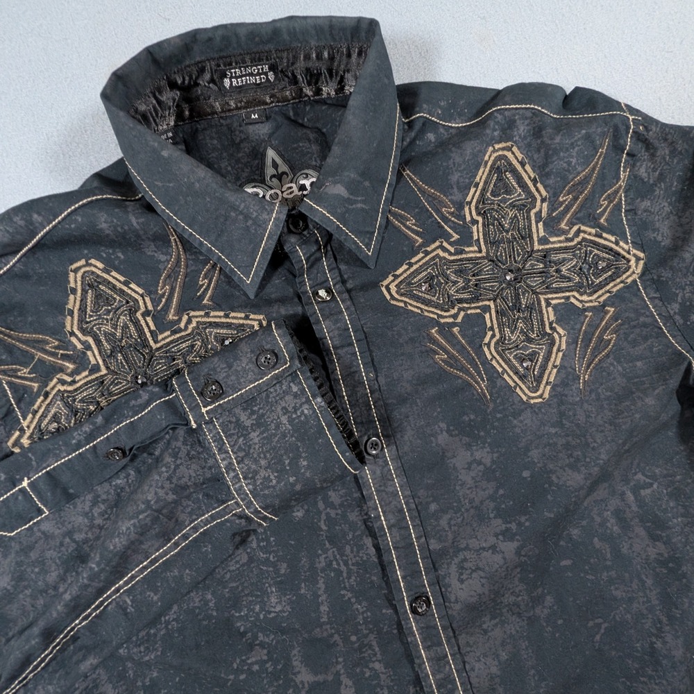 Roar Button Down Shirt Mens Medium Black Embroidered Cross Meditation II W51525C